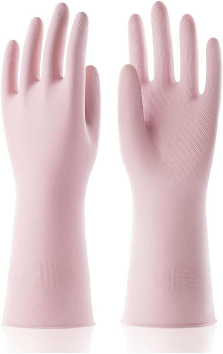 bepisof Thickened Latex Cleaning Gloves, Dishwashing Gloves with Plush Lining - Anti-Slip, Stain-Free, Odorless - Ideal for Household Cleaning, Laundry(Morandi Powder) - Image 1