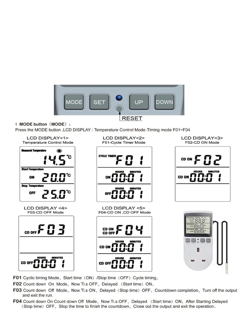 Digital Thermostat Temperature Controller Socket Outlet 230V 16A Timer Switch Plug with 1.7m Sensor Heating Refrigerator Thermostat Regulator for Greenhouse Reptile Terrarium Home  - Image 5