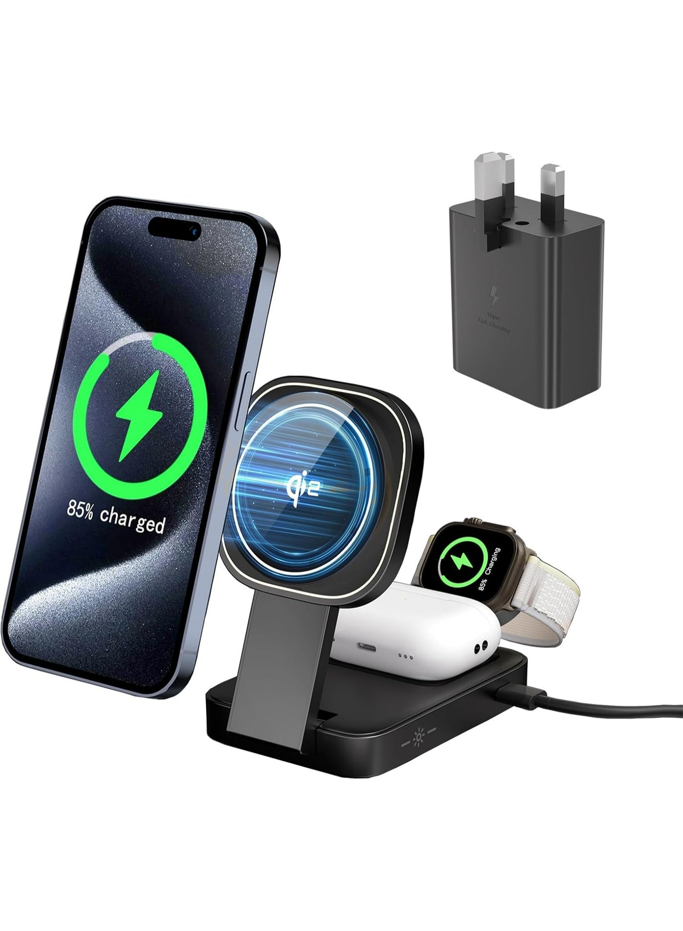 Pikengenus 3 in 1 Qi2 Wireless Charger Charging Station, Certified 15W Magnetic Charging Stand for Mag-Safe with 45W USB C Adapter&Friendly Night Light for iPhone 16/15/14/13/12,Apple Watch,AirPods