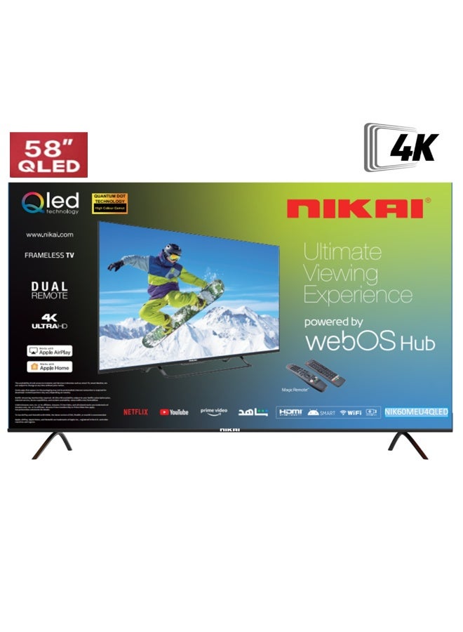 NIKAI 58 Inch QLED WebOS 4K Smart UHD TV, Hands-Free Voice Control, Dolby Digital, Built-in Wi-Fi, Bluetooth, High Colour Gamut, Effortless Connectivity With Android & Apple Devices, 60Hz, Model Year 2025, 2 Year Warranty - NIK60MEU4QLED Black NIK60MEU4QLED Black
