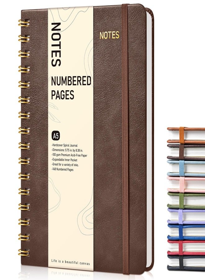 PAPEJOON Lined Spiral Journal Notebook, A5 Hardcover Spiral Journals for Women Men, 150 Numbered Pages Spiral Bound Notebook, 100 GSM College Ruled Notebooks for Writing Note Taking 5.75" x 8.38", Dark Brown - Image 1
