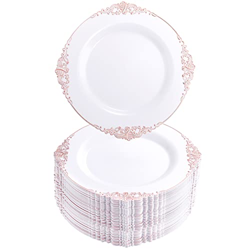 Morejoy 100pcs Plastic Plates  Disposable  75 inch White and Rose Gold Dessert Plates for Weddings  Parties  Shower