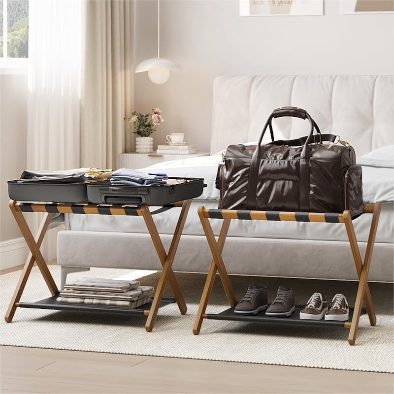 Smart FENDEE 2 Pack Luggage Rack Folding Luggage Rack for Guest Room Walnut Bamboo Suitcase Stand Holds up to 131 lb Luggage Stand with Storage Shelf for Hotel Bedroom