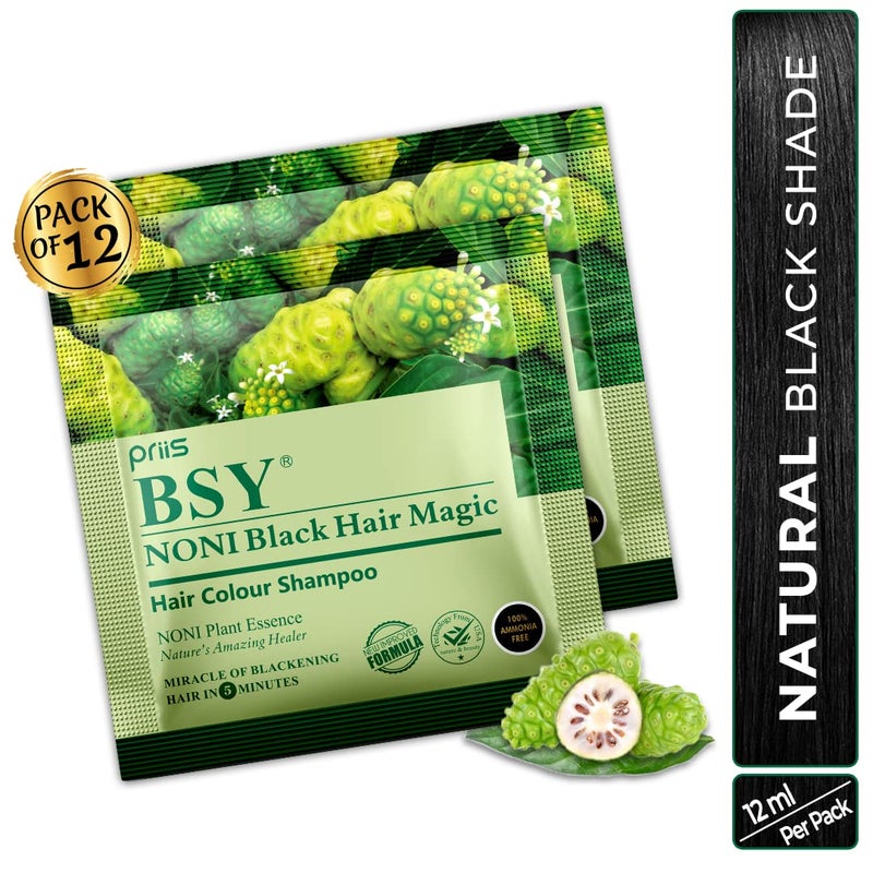 BSY Noni Black Hair Magic Hair color shampoo 12ml x 12 Sachets Ammonia Free Hair Color Shampoo for men Natural Black Permanent Hair Dye Shampoo for women Noni Fruit Hair Dye 5 Minutes Hair Colour Hair Coloring Shampoo Easy to use Hair Color Shampoo - Image 2