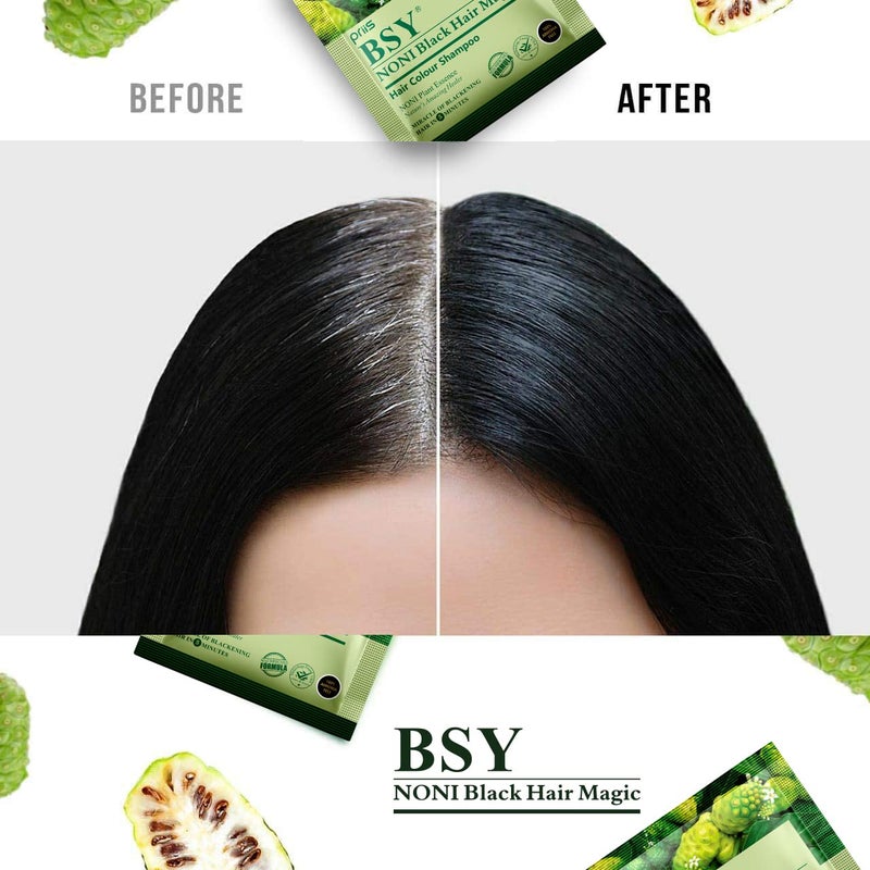 BSY Noni Black Hair Magic Hair color shampoo 12ml x 12 Sachets Ammonia Free Hair Color Shampoo for men Natural Black Permanent Hair Dye Shampoo for women Noni Fruit Hair Dye 5 Minutes Hair Colour Hair Coloring Shampoo Easy to use Hair Color Shampoo - Image 5