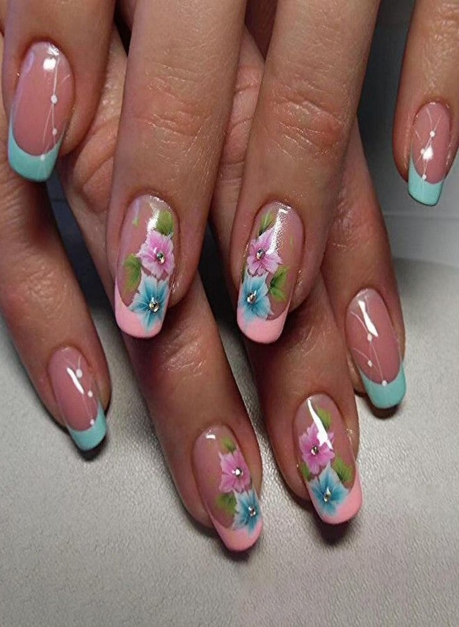 OFDNE Flower Press on Nails Short Square OFDNE French Tip Fake Nails Blue Pink False Nails with Designs Rhinestones Floral Glossy Glue on Nails Spring Summer Acrylic Nails for Women Girls 24 Pcs - Image 1