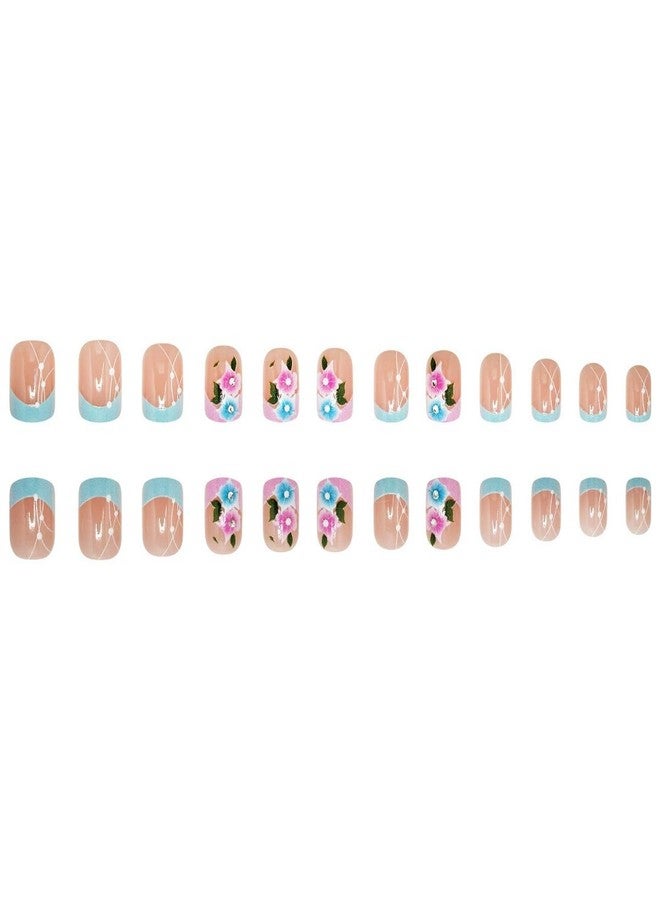 OFDNE Flower Press on Nails Short Square OFDNE French Tip Fake Nails Blue Pink False Nails with Designs Rhinestones Floral Glossy Glue on Nails Spring Summer Acrylic Nails for Women Girls 24 Pcs - Image 5