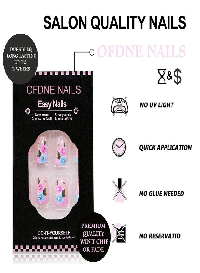 OFDNE Flower Press on Nails Short Square OFDNE French Tip Fake Nails Blue Pink False Nails with Designs Rhinestones Floral Glossy Glue on Nails Spring Summer Acrylic Nails for Women Girls 24 Pcs - Image 2