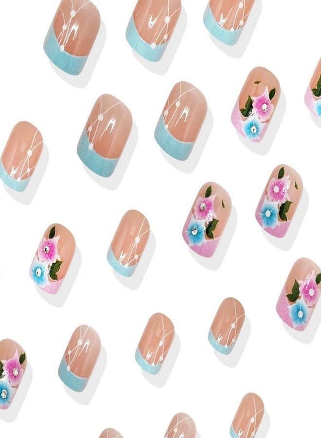 OFDNE Flower Press on Nails Short Square OFDNE French Tip Fake Nails Blue Pink False Nails with Designs Rhinestones Floral Glossy Glue on Nails Spring Summer Acrylic Nails for Women Girls 24 Pcs - Image 3