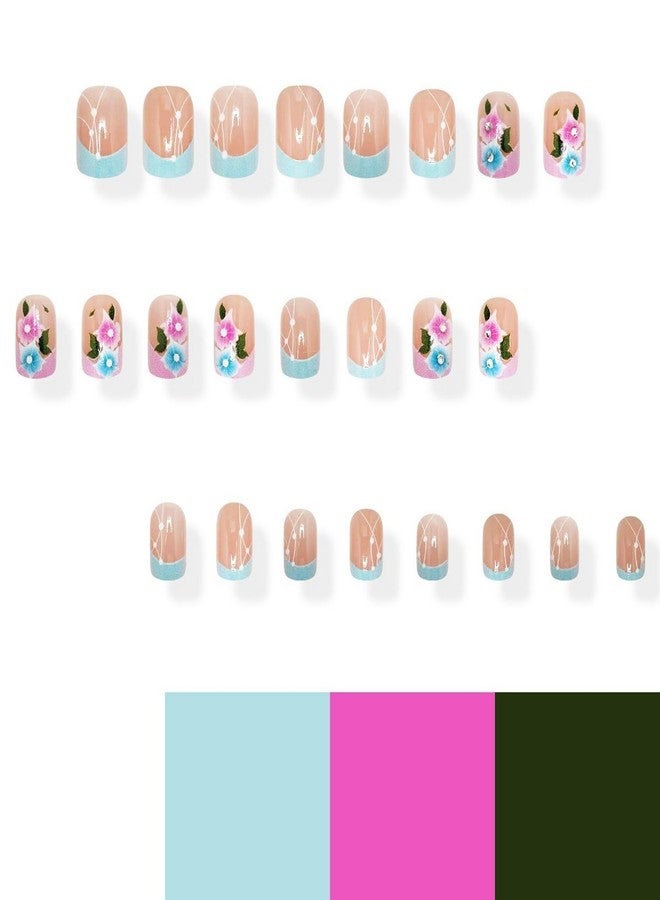 OFDNE Flower Press on Nails Short Square OFDNE French Tip Fake Nails Blue Pink False Nails with Designs Rhinestones Floral Glossy Glue on Nails Spring Summer Acrylic Nails for Women Girls 24 Pcs - Image 4