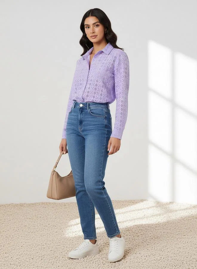 Splash FAV Regular Fit Viscose Schiffli Textured Shirt with Collar