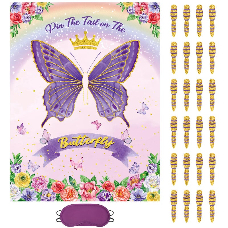 Faccito Purple Butterfly Pin The Tail Butterflies Birthday Party Decorations Supplies with 21 x 28 in Poster 24 Stickers Blindfold for Spring Princess Pastel Rainbow Flower Decor
