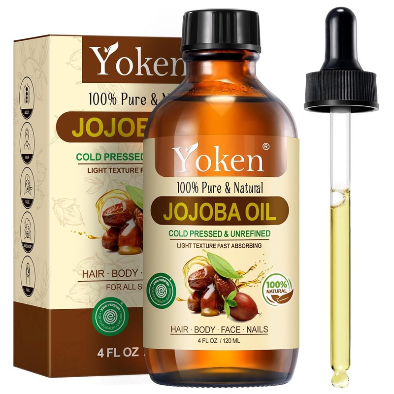 Yoken Jojoba Oil 4 fl oz EWG Verified Organic 100 Pure Jojoba Oil Cold Pressed for Skin Hair Nails Cuticles  Unrefined  Hexane Free Natural Face Moisturizer Carrier Oil Facial Oil for Gua Sha