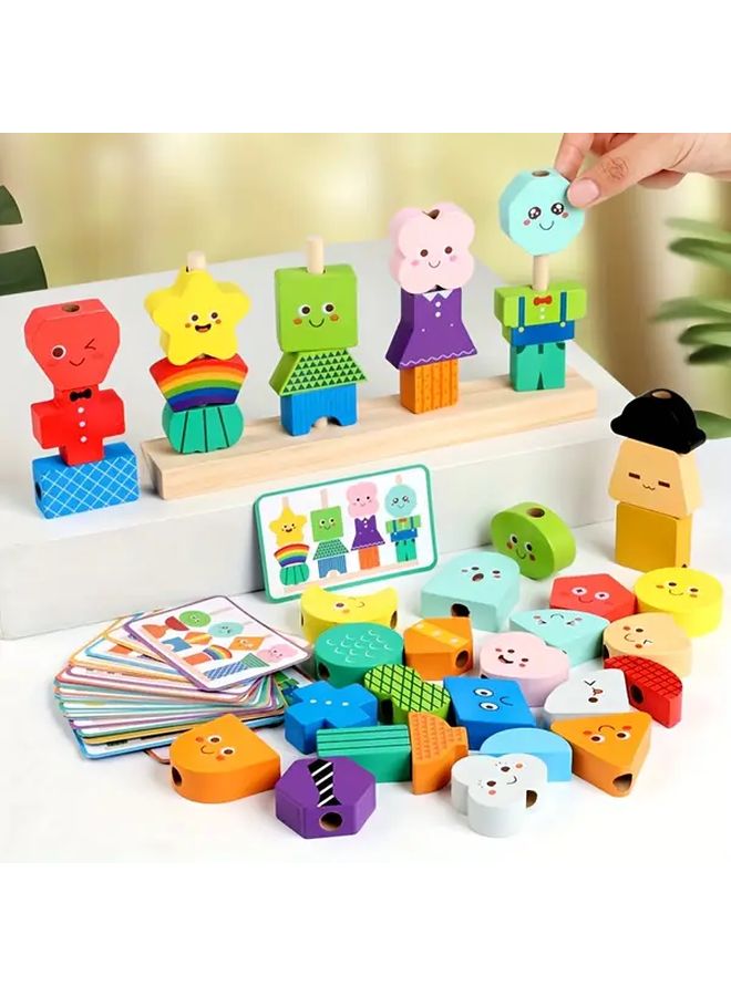 Expression Set With String Hole 40Pcs Wooden Geometric Building Blocks Educational Toy For Children 3 Years - Image 4