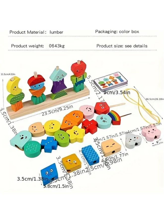 Expression Set With String Hole 40Pcs Wooden Geometric Building Blocks Educational Toy For Children 3 Years - Image 3