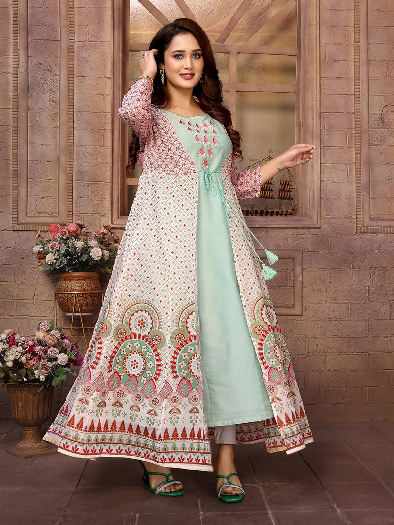 rangita Green Chanderi Printed Calf Length Anarkali Kurti | Kurta for Women_M - Image 5