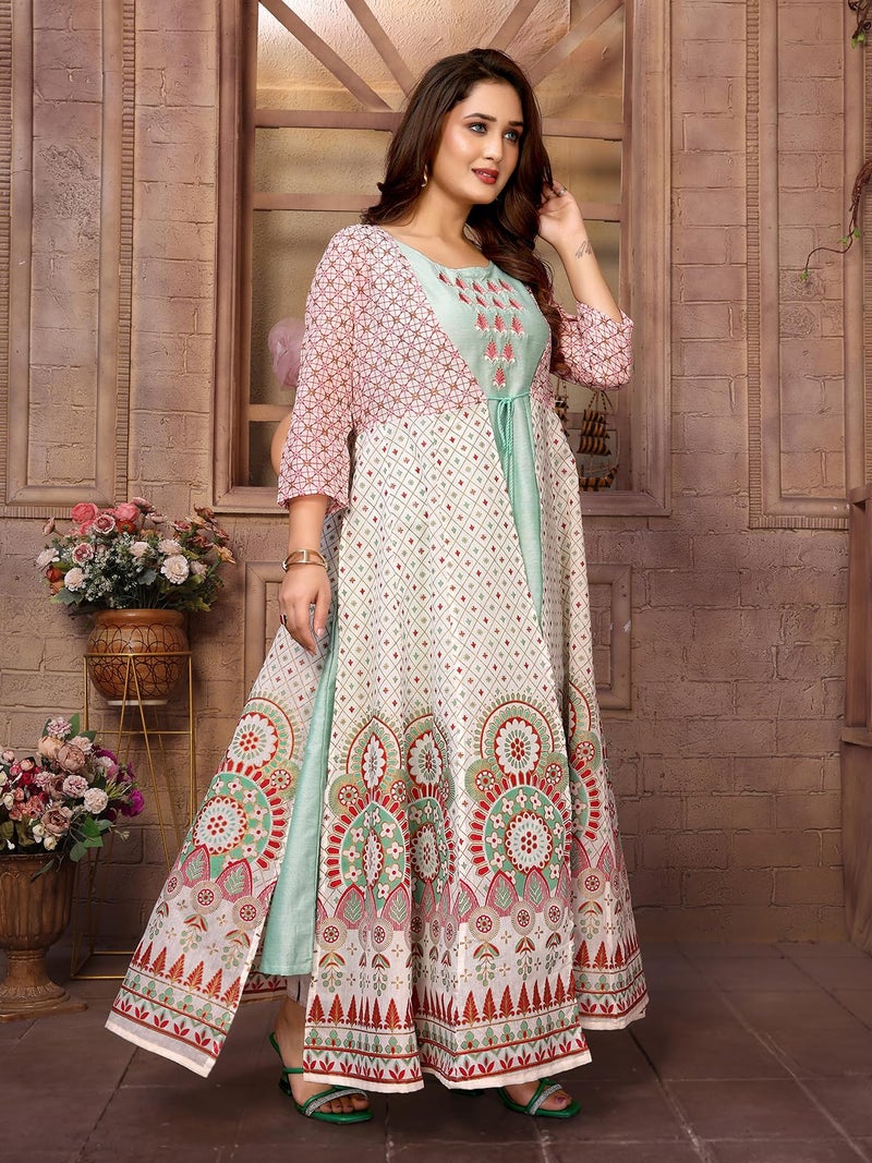 rangita Green Chanderi Printed Calf Length Anarkali Kurti | Kurta for Women_M - Image 3