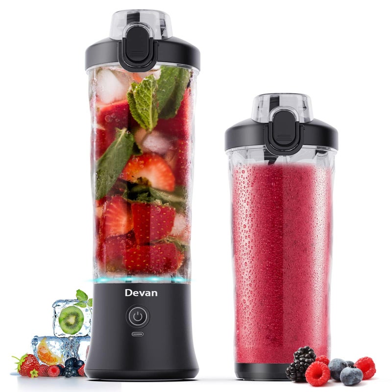 Devan Portable 270 Watt Blender for Shakes and Smoothies  USB Rechargeable Waterproof With 20 oz BPA Free Cup and Travel Lid Black