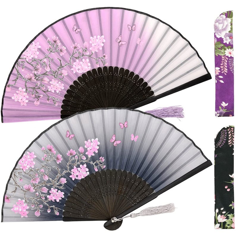 Leehome Small Folding Hand Fans for Women Chinese Japanese 2pcs Vintage Bamboo Silk Fans  for Dance Music Festival Wedding Party DecorationsGift Grey  Purple Sakura Butterflies
