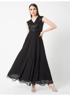Miss Chase Miss Chase Women's Black V-Neck Cap Sleeved Solid Wrap Maxi Dress(MCSS20D06-10-62-05_Black_L)  - Image 2