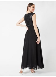 Miss Chase Miss Chase Women's Black V-Neck Cap Sleeved Solid Wrap Maxi Dress(MCSS20D06-10-62-05_Black_L)  - Image 4