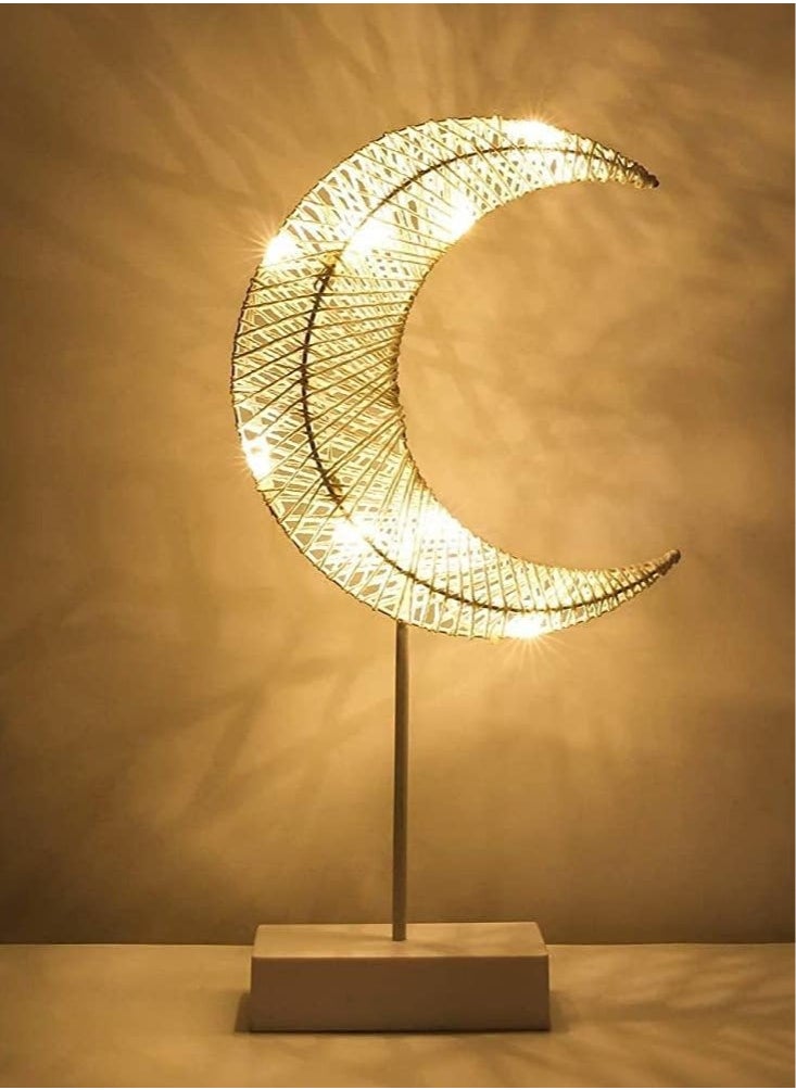 Scrolls Decorative Table Lamp, Battery Powered Moon Shape Ramadan Desk Lamp, Winding Thread Warm LED Crescent Light Home Bedroom Romantic Bedside Desktop Night stand Decoration 39x21x5.5cm  - Image 1