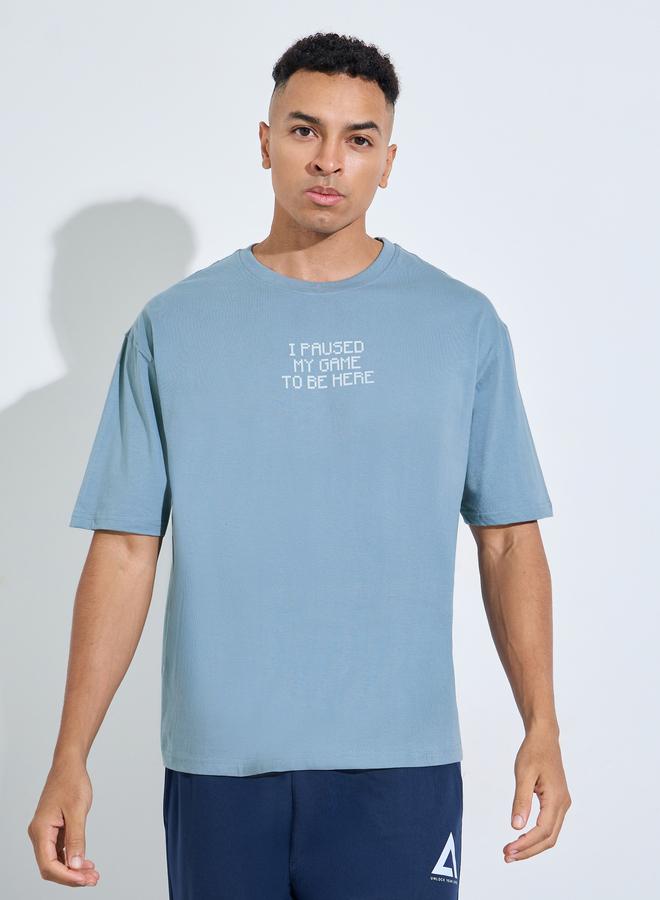 Styli Men Blue Graphic Print Oversized T-Shirt - Image 3