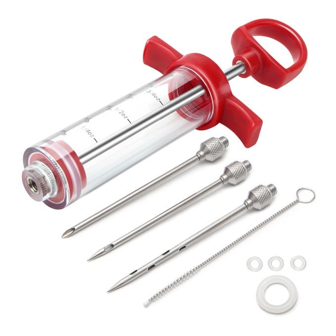 TGEV 1OZ PLASTIC BBQ MARINADE INJECTOR KIT TURKEY INJECTOR SYRINGE 3 STAINLESS STEEL MEAT NEEDLES 3 REPLACEMENT O RINGS 1 CLEANING BRUSH FOR SMOKED BBQ GRILL