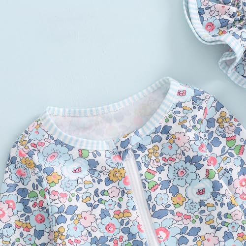 FOMOYUU Baby Girl Rash Guard Swimsuit Floral One Piece Bathing Suit Infant Zipper Swimwear + Hat Sun Protection Beach Wear (Blue1, 18-24 Months) - Image 3