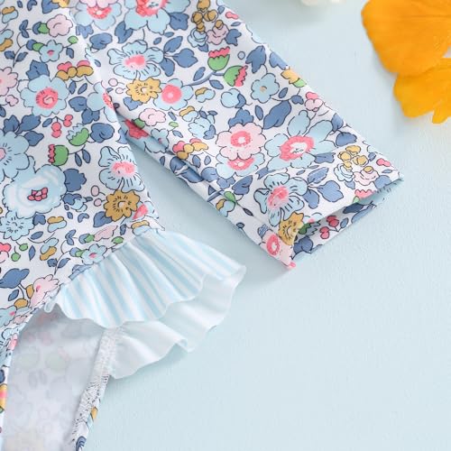FOMOYUU Baby Girl Rash Guard Swimsuit Floral One Piece Bathing Suit Infant Zipper Swimwear + Hat Sun Protection Beach Wear (Blue1, 18-24 Months) - Image 4