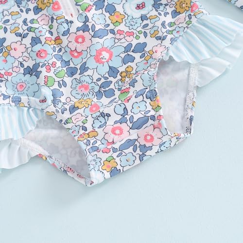 FOMOYUU Baby Girl Rash Guard Swimsuit Floral One Piece Bathing Suit Infant Zipper Swimwear + Hat Sun Protection Beach Wear (Blue1, 18-24 Months) - Image 5