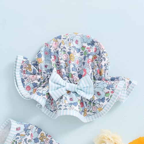 FOMOYUU Baby Girl Rash Guard Swimsuit Floral One Piece Bathing Suit Infant Zipper Swimwear + Hat Sun Protection Beach Wear (Blue1, 18-24 Months) - Image 2