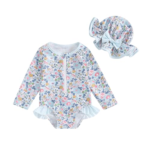 FOMOYUU Baby Girl Rash Guard Swimsuit Floral One Piece Bathing Suit Infant Zipper Swimwear + Hat Sun Protection Beach Wear (Blue1, 18-24 Months) - Image 1