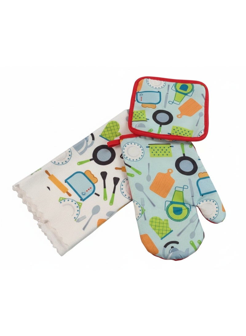 روملين طقم قفازات مطبخ معزولة مكون من 3 قطع، حامل أواني، منشفة يد، مقاوم للحرارة، مانع للانزلاق، تصميم مطبوع مع حلقة تعليق، قفاز فرن للطبخ والخبز والشواء