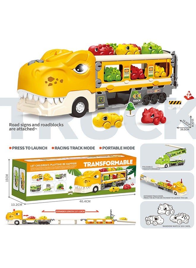 Arabest Dinosaur Truck Toys for 3+ Year Boy Toddler, Foldable Track & 2 Player Race Mode, Light & Sound Transport Carrier W/ 6 Dino Car & 12 Accessories, Birthday Gift Idea for Kids Girls(Yellow) - Image 2