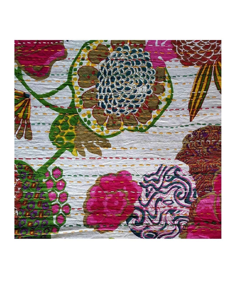 Jaipuri Quilt Handmade Bed Cover Cotton Kantha Blanket Throw Home Decor Bedspread Bedsheet, Twin Size, Multicolour - Image 4