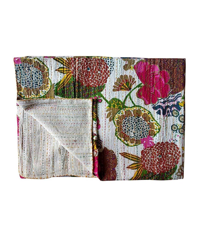 Jaipuri Quilt Handmade Bed Cover Cotton Kantha Blanket Throw Home Decor Bedspread Bedsheet, Twin Size, Multicolour - Image 2