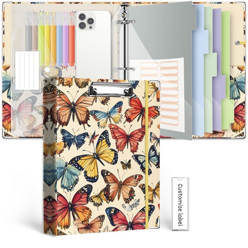 BVSSX 3 Ring Binder 1 Inch,BVSSX Three Ring Binders Organizer with Clipboard, 5-Tabs Pockets Dividers, Plastic Folder, 18 Divider Stikers,Pen Loop (Butterfly, Letter Size) - Image 1