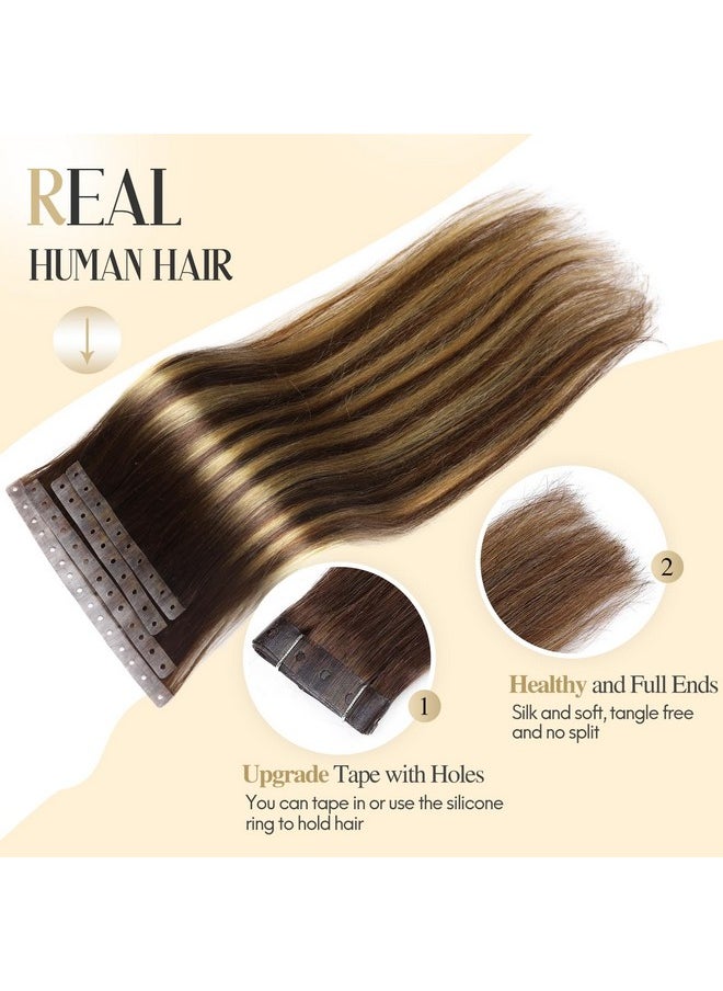 Hanne Fashion Human Hair Extensions T4/27 Highlight Honey Blonde Remy Human Hair Extensions With Holes Invisible Pu Tape In Hair Extensions Glueless Hair Extensions For Women (35G 4Pcs,18 Inch) 