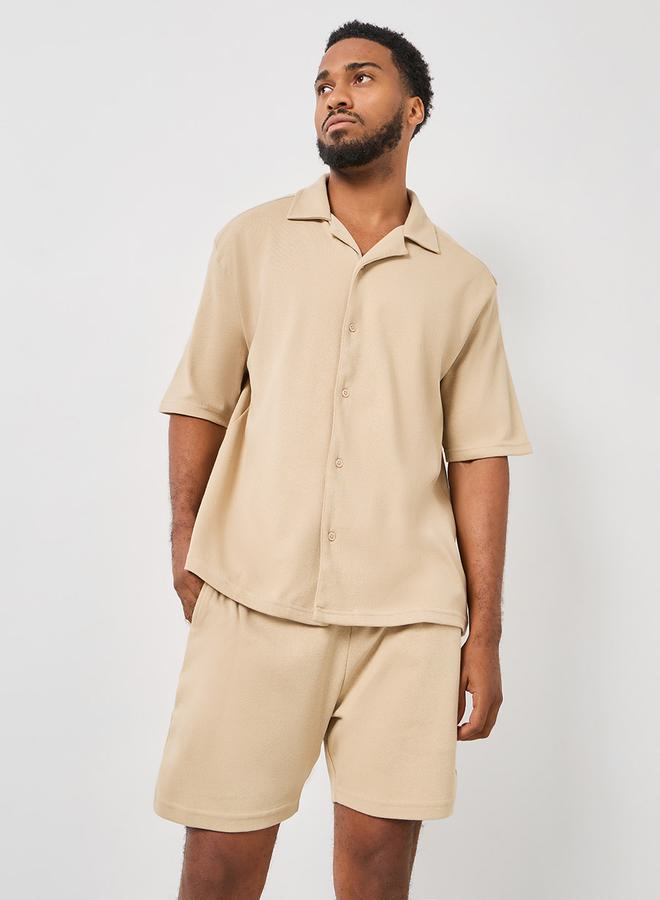 Styli Solid Revere Collar Shirt & Shorts Co-Ord Set - Image 2