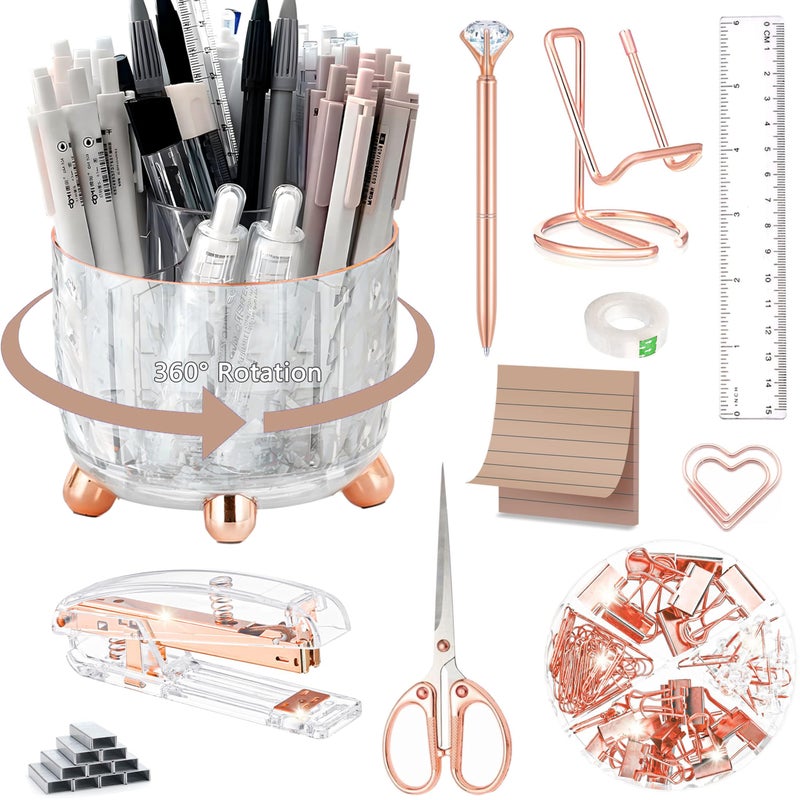 Dimonluce Rose Gold Desk Accessories, Office Supplies Desk Organizers 360Â°Pen Holder Acrylic Stapler Set, Phone Holder, Ballpoint Pen, Scissor, Binder Clips, Ruler, Transparent Glue, Sticky Note and Staples. - Image 1