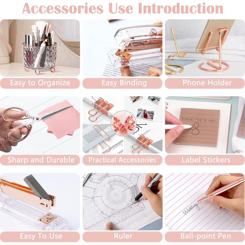 Dimonluce Rose Gold Desk Accessories, Office Supplies Desk Organizers 360Â°Pen Holder Acrylic Stapler Set, Phone Holder, Ballpoint Pen, Scissor, Binder Clips, Ruler, Transparent Glue, Sticky Note and Staples. - Image 5