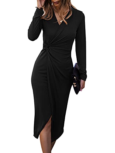 SHIBEVER Long Sleeve Dress for Women Black Midi Casual V Neck Twist Front Waist Lightweight Ribbed Knit Bodycon Slit Dresses XL - Image 1