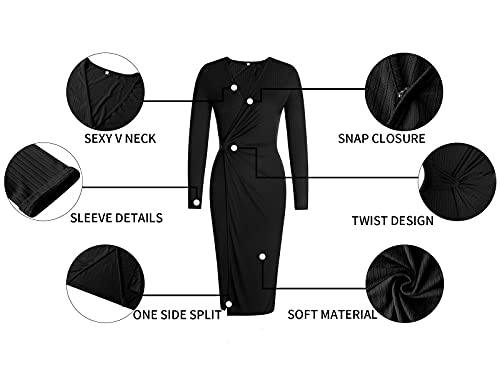 SHIBEVER Long Sleeve Dress for Women Black Midi Casual V Neck Twist Front Waist Lightweight Ribbed Knit Bodycon Slit Dresses XL - Image 5