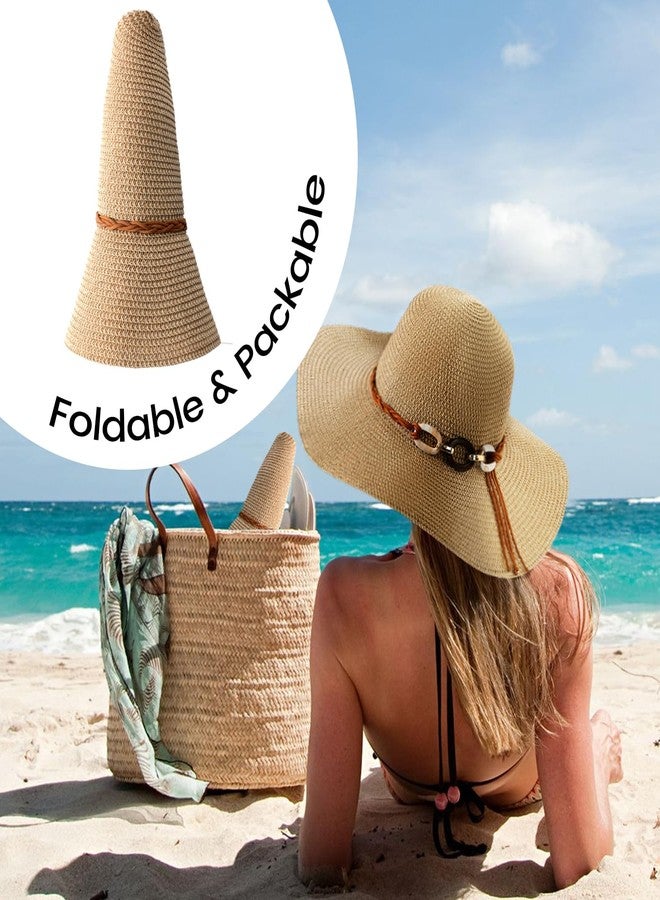 Pleneal Beach Sun Straw Hats for Women, UPF 50+ UV Sun Protection Wide Brim Summer Straw Hat Foldable Packable Roll up Cap, 9cm- Khaki & Beige, One size - Image 5