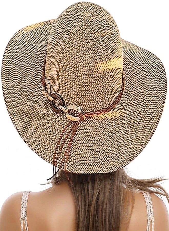 Pleneal Beach Sun Straw Hats for Women, UPF 50+ UV Sun Protection Wide Brim Summer Straw Hat Foldable Packable Roll up Cap, 9cm- Khaki & Beige, One size - Image 1