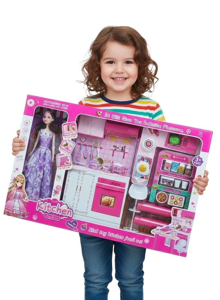 Premium Girls Toy Kitchen Play Set with Doll, Accessories, Cooking Utensils and Furniture - Image 1