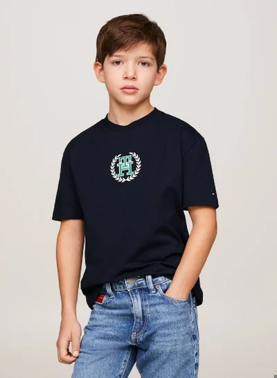 TOMMY HILFIGER Boys' Th Monogram Crest Logo T-Shirt -  Pure cotton, Blue