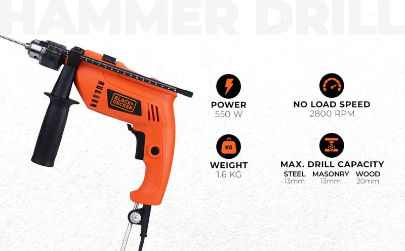 BLACK+DECKER HD555KMPR-B1 13mm 550Watt Hammer Drill and Hand Tools Kit for Home,DIY and Professional use -100 pc - Image 2