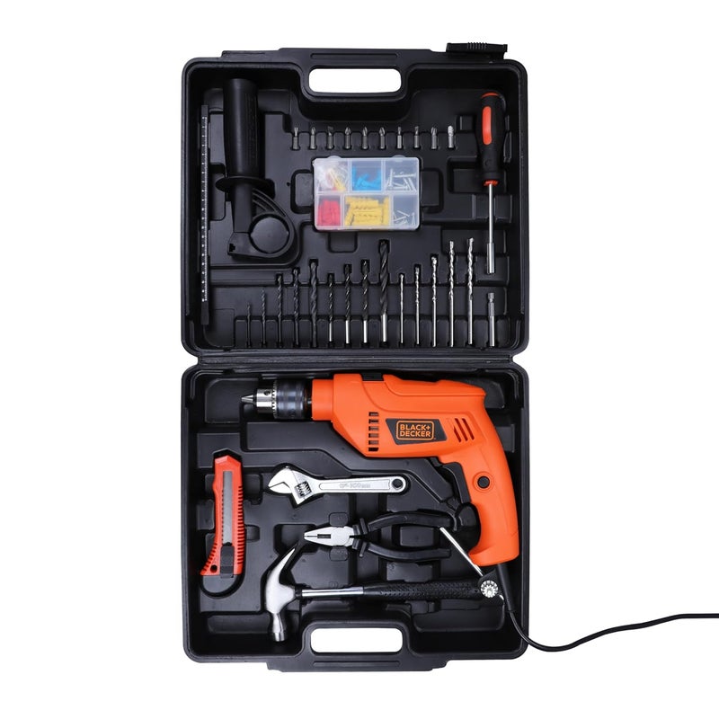 BLACK+DECKER HD555KMPR-B1 13mm 550Watt Hammer Drill and Hand Tools Kit for Home,DIY and Professional use -100 pc - Image 1